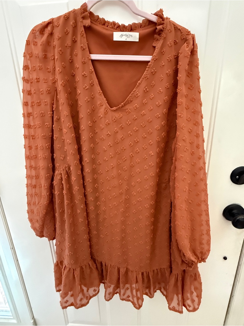 Swiss Dot Ruffle Mini Dress in Rust by Affogato